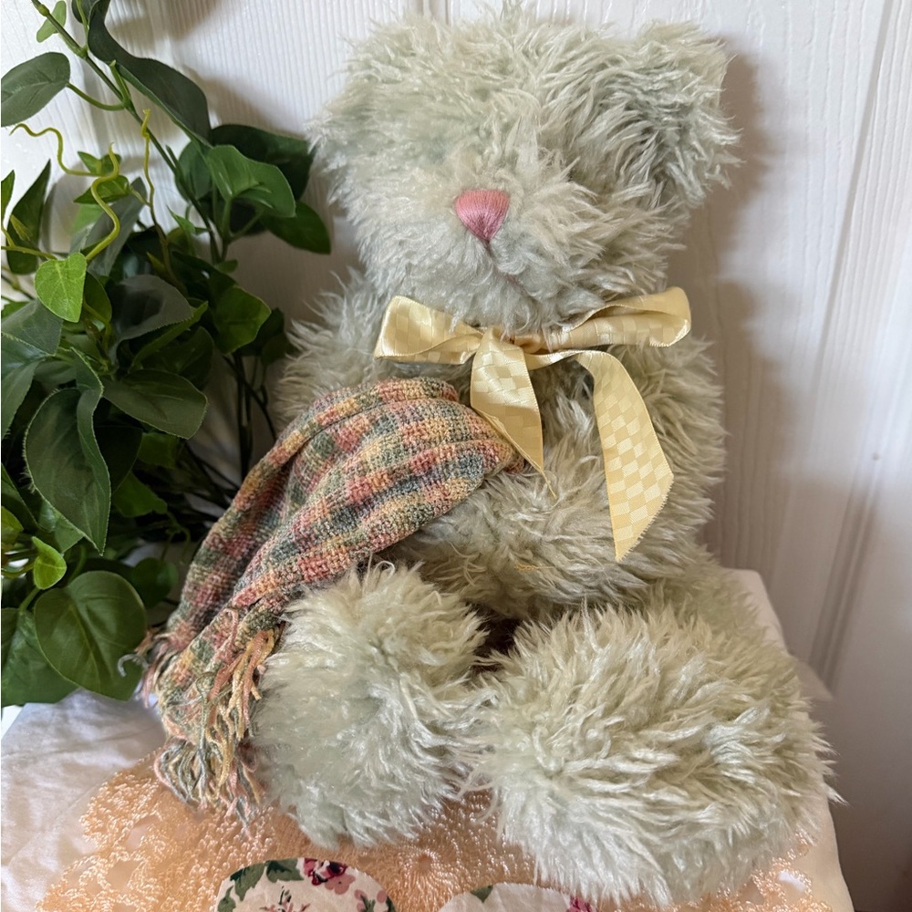 Vintage Soft Green Teddy Bear with Yellow Bow